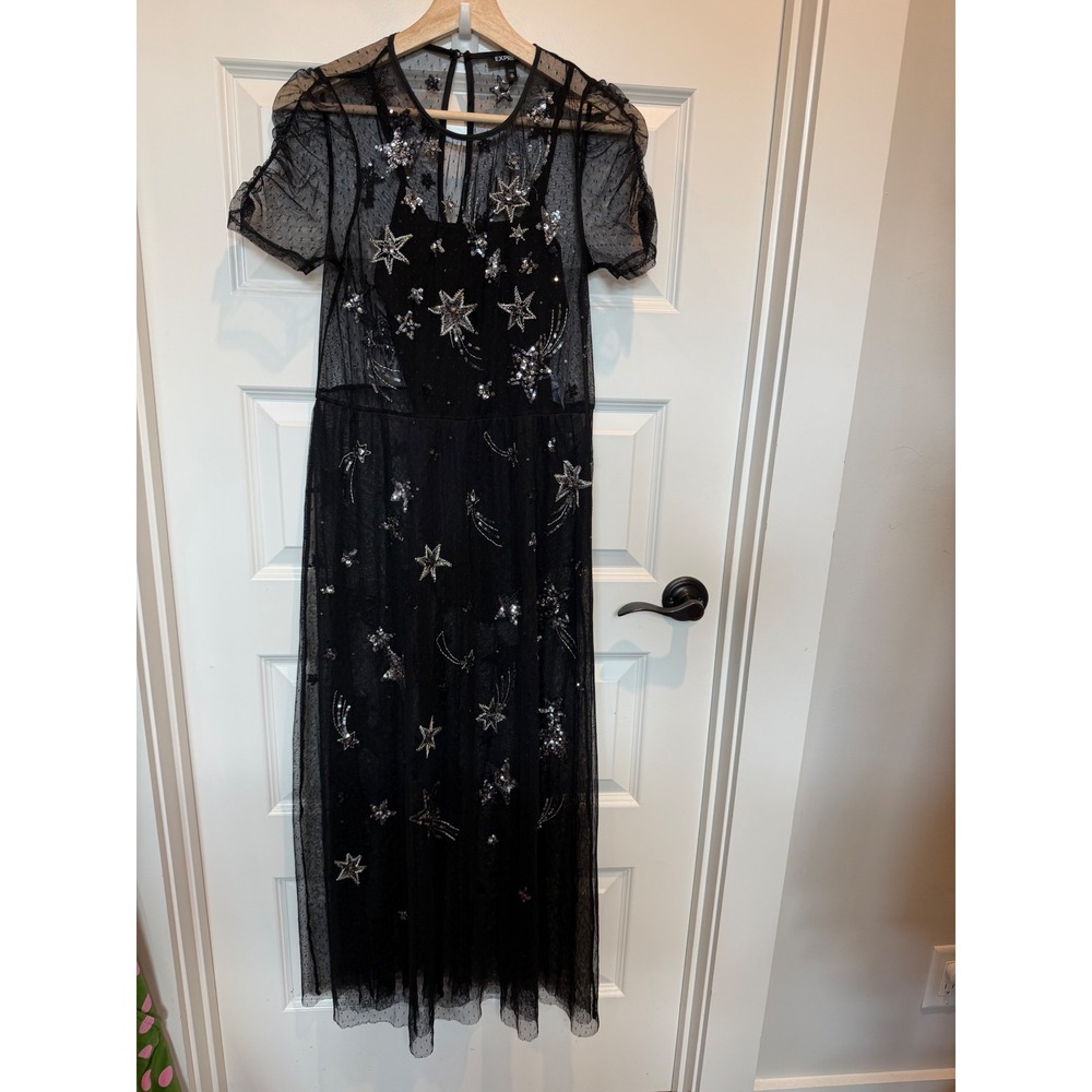 Express Black Mesh Star Sequin Midi Dress with Bodysuit Liner XS Celestial